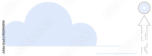 Cloud computing, data transfer, connectivity, online storage, digital file upload, network solutions. A stylized cloud with an arrow and pie chart. Cloud computing and data transfer concept