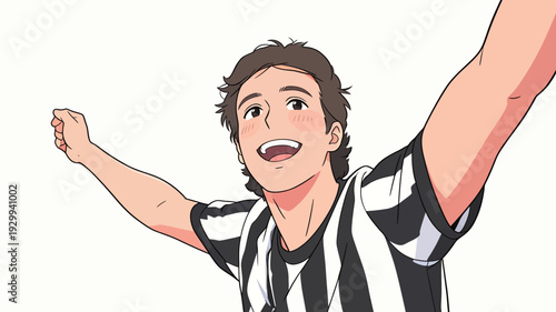 A referee shows joy by raising arms in a sports event. The setting highlights the excitement of the game.