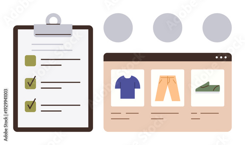 E-Commerce, online shopping, organization, productivity, task management, retail. Checklist with marked tasks and a browser window displaying products. E-Commerce and task management concept