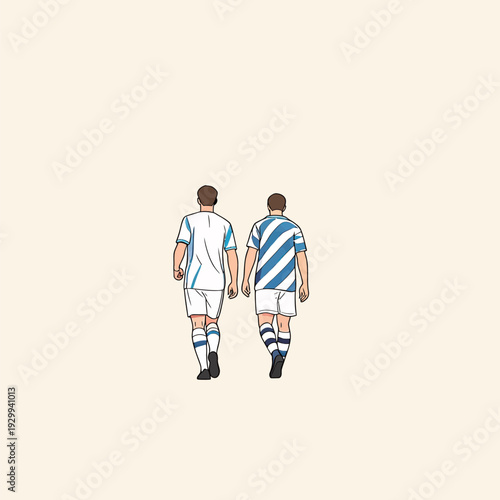 Two soccer players walk side by side away from the field after completing a game in the afternoon sun on a clear day.