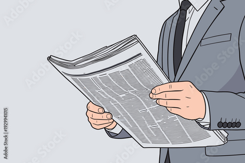 A man in a suit stands indoors and reads a newspaper with focused attention, absorbing the latest news.