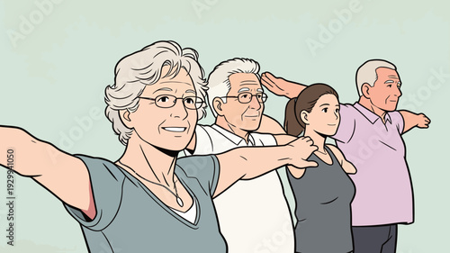 Four individuals participate in a fitness class, stretching their arms in a bright room. They focus on their movements.