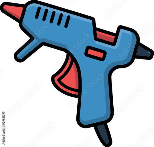A cartoon illustration of a blue and red hot glue gun on a white background