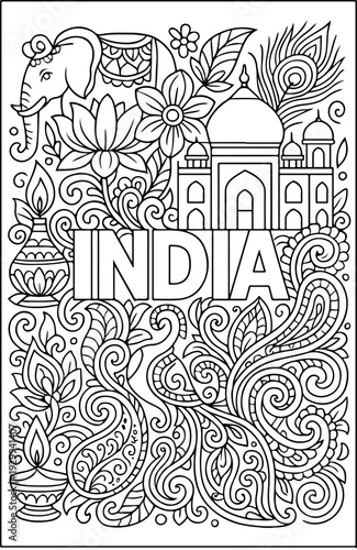 India hand drawn vector illustration doodle art line art coloring page for kids
