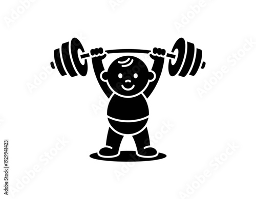 Determined child lifting heavy barbell in black and white illustration