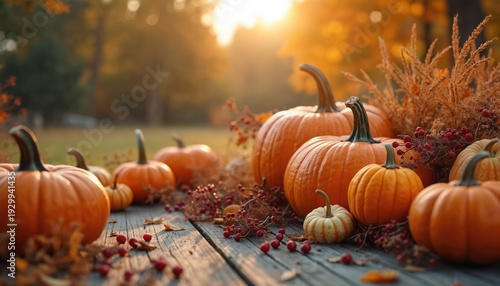 Autumn pumpkins arranged on rustic wooden table during golden hour sunlight. Fall harvest scene with decorative gourds and berries. Seasonal outdoor nature display with warm glow.