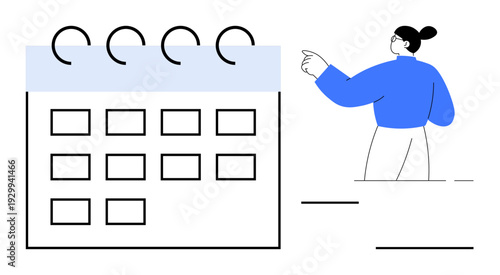 Time management, organization, business planning, productivity tools, scheduling, teamwork. A person in blue interacts with a calendar. Time management and organization concept