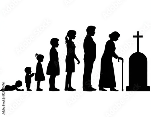 The journey of life stages from birth to death illustrated with silhouettes