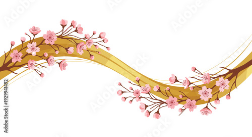 A digital illustration depicts two branches of pink cherry blossoms with numerous small blooms gracefully curving and intertwined with broad wavy golden ribbons against a clean white background.
