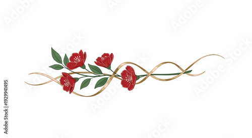 A delicate digital illustration features a horizontal arrangement of three red flowers with green leaves intertwined with elegant golden ribbons against a pristine white background.