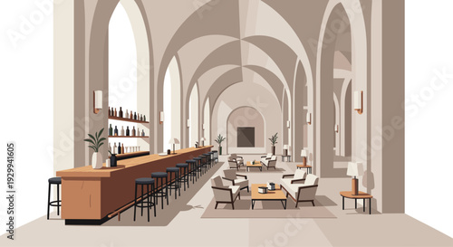 A stylish flat design illustration showcases a sophisticated bar and lounge interior featuring grand arches, a long counter, and comfortable seating areas.