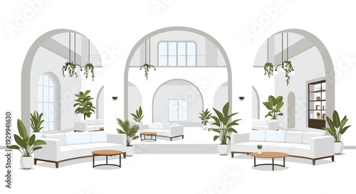 A bright flat design illustration shows a minimalist lobby with large arches, white sofas, round tables, and abundant potted green plants.