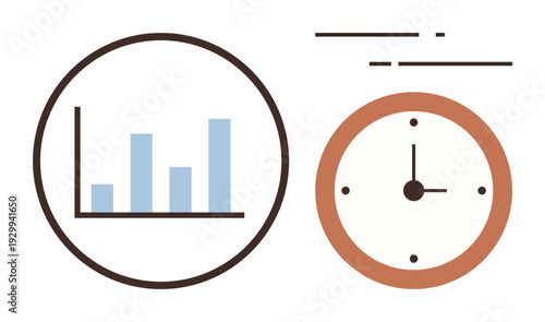 Data analysis, productivity, time tracking, efficiency, workflow, business tools. Blue bar chart within a circle, clock icon beside it. Data analysis and productivity concept