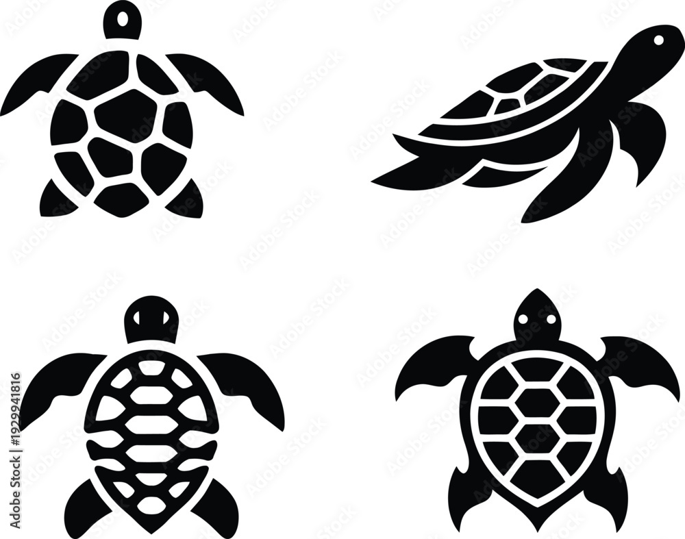 Obraz premium turtle silhouette icon set featuring four minimalist turtle designs in flat vector style, isolated on transparent background.