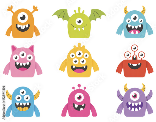 A playful collection of colorful cartoon alien creatures in cheerful poses.