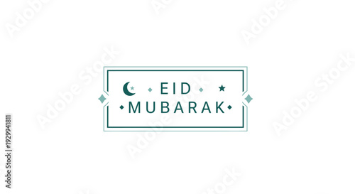 A rectangular frame with a thin teal border encloses the text EID MUBARAK, flanked by a crescent moon and stars, with decorative diamond shapes, all on a pure white background.