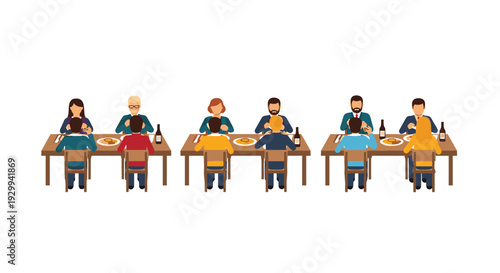 Three distinct groups of diverse individuals, including men and women, are illustrated sitting at separate wooden tables, actively engaged in eating and drinking on a clean white background.