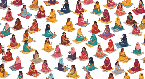 A dense, repeating isometric pattern displays numerous women in traditional attire, sitting on individual mats, eating, drinking, and socializing on a clean white background.