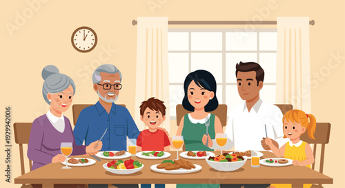 A multi-generational family of six, including grandparents, parents, and two children, sits smiling around a wooden dining table, enjoying a meal together.