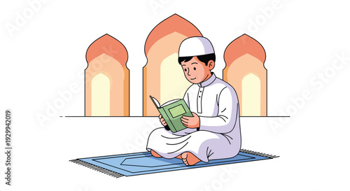 A young boy in white thobe and kufi sits on a blue prayer mat, holding an open book against a background of orange mosque arches.