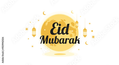 Eid Mubarak text is prominently displayed in black on a large yellow full moon, surrounded by stars and hanging lanterns against a white background.