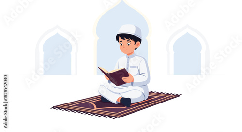 A young boy in white thobe and kufi sits on a brown prayer mat, holding an open book against a light blue arched background.