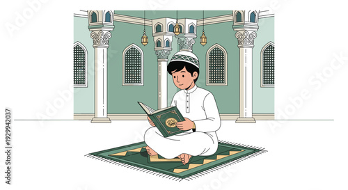 A young boy wearing a white thobe and kufi sits on a green prayer mat, holding an open book within a mosque interior.