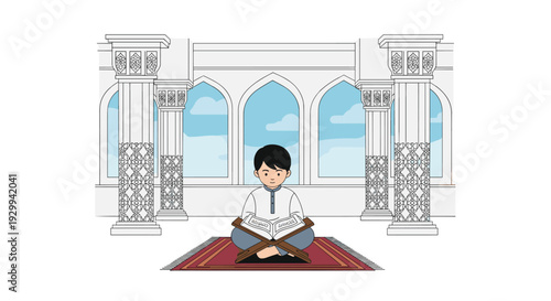A young boy in white attire sits cross-legged on a red prayer mat, reading from a book on a rehal within a mosque-like setting.
