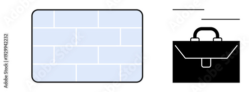Business, work, organization, architecture, minimalism, professional life. Simplified brick wall and black briefcase graphic. Business and work concepts highlighted with minimalist design