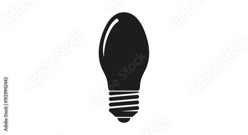 A sleek, solid black silhouette of an elongated, modern light bulb with a distinct screw base is centrally presented against a stark white background.