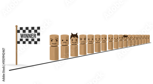 A long line of brown wooden cylindrical figures with various facial expressions extends diagonally into the distance with a checkered WINNER flag on a white background.