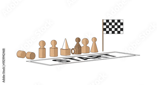 A checkered flag marks a START line on a white track with several wooden pawn-like figures, some lying down and others standing in various shapes, on a white background.