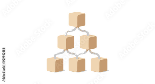 A minimalist hierarchical structure displays a single top-level light brown cube connected by braided ropes to two second-level and three third-level cubes on a white background.