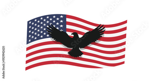 A waving American flag with a large, black eagle silhouette superimposed centrally is depicted against a plain white background.