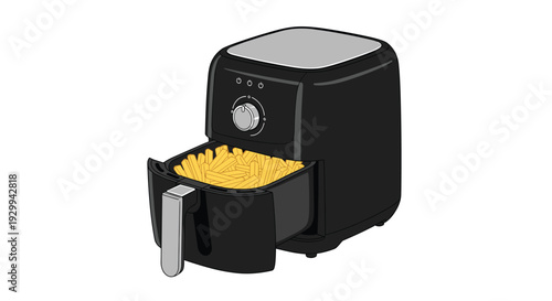 A sleek black air fryer with a silver dial has its front basket extended, revealing a pile of golden french fries.