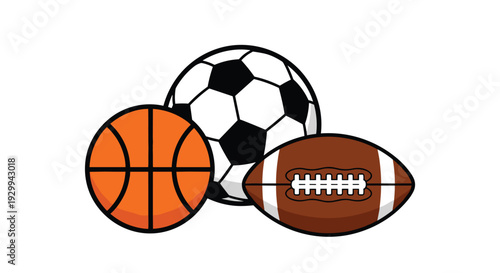 Three prominent sports balls, a black and white soccer ball, an orange basketball, and a brown American football, are clustered on a plain white background.