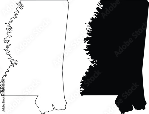 A comparison of the state of mississippi with its outline and filled-in version. Vector