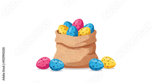 A textured burlap sack overflows with numerous speckled eggs in vibrant blue, yellow, and pink hues, with several eggs scattered around its base.