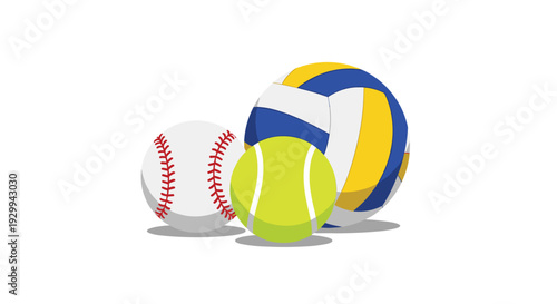 Three distinct sports balls, a white baseball, a yellow tennis ball, and a blue and yellow volleyball, are arranged closely on a clean white background.