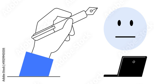Writing, education, communication, content creation, technology, online interaction. Hand holding a fountain pen, laptop and neutral face icon. Writing and communication concept