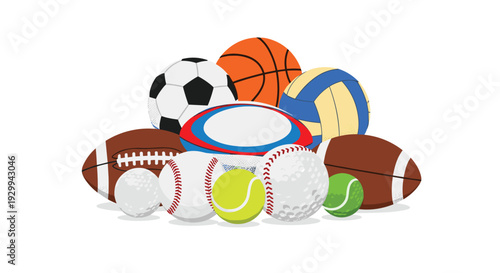 A large, diverse pile of nine distinct sports balls, including soccer, basketball, and tennis, is centrally arranged on a pristine white background.