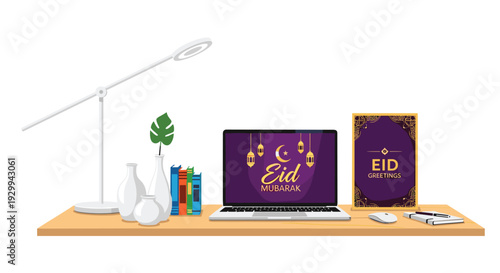 A minimalist desk setup features a laptop displaying Eid Mubarak, a white lamp, vases, books, and a framed Eid Greetings card on a wooden surface.