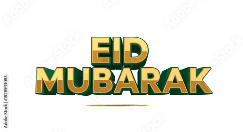 Bold, three-dimensional EID MUBARAK text in gold with green shadows is prominently displayed, casting a subtle golden line shadow on a clean white background.