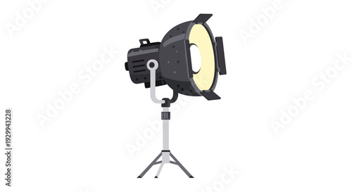 A single large dark grey studio spotlight with a yellow reflector dish is securely mounted on a silver tripod stand against a pristine white background.