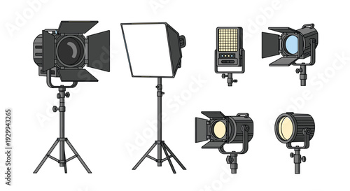A diverse collection of six professional studio lighting equipment units, including spotlights and a softbox, is neatly arranged on a clean white background.