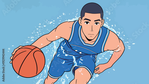 A young man is dribbling a basketball while water splashes around him during a game on a sunny afternoon.