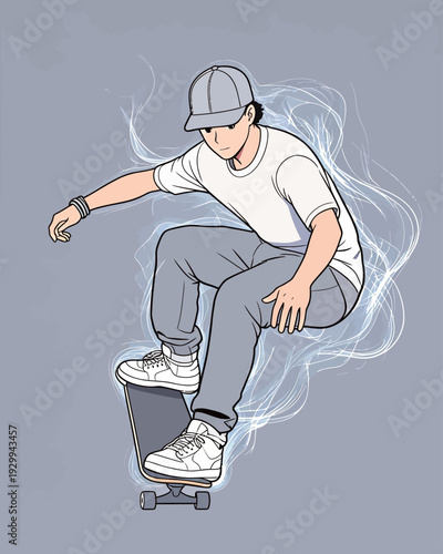 A young skater rides on a skateboard and performs tricks in a modern city setting with clear skies and bright sunlight.