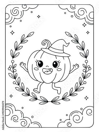 Pumpkin coloring page with a cute character wearing a pointed witch hat