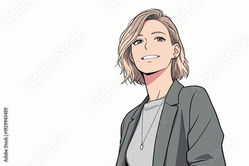 A woman stands smiling, dressed in a simple top and a blazer. She has short hair and a friendly expression.