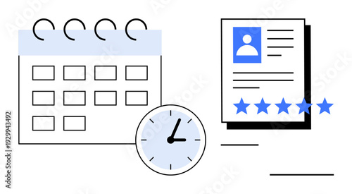 Calendar, clock, and profile document with five-star rating concept for scheduling, planning, appointments, performance review, deadlines, efficiency and productivity. Ideal for business HR time